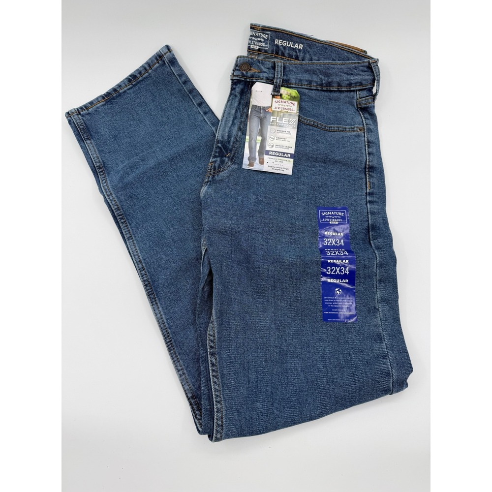 Signature by Levi Strauss Men Regular Fit Flex Jeans 32x34 Blue Straight Leg NWT